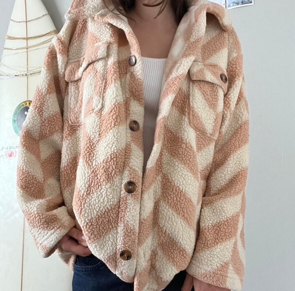 Billabong Fairbanks Fleece Jacket- shacket Women’s S Cream Chevron Teddy Sherpa